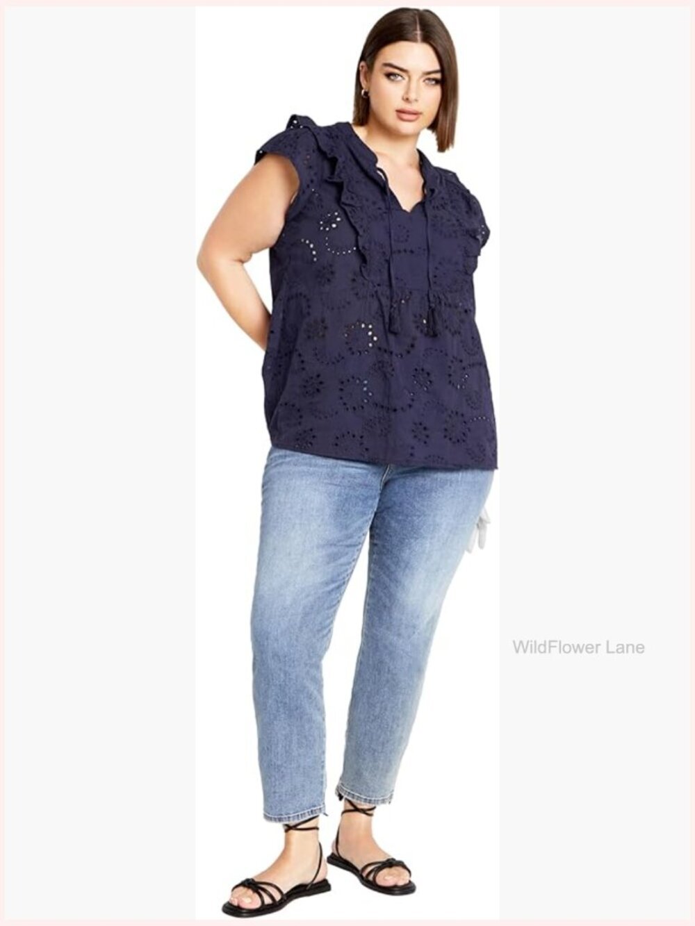 Flutter Sleeve V-Neck Blouse Tie Bust Tassels Cut-Out Cotton Top